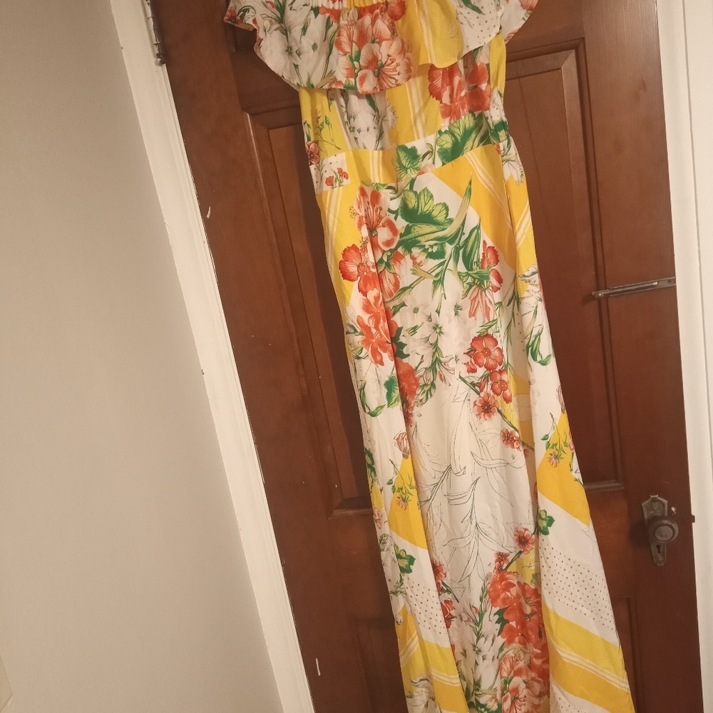 New York & Company Yellow Floral Off Shoulder Maxi Dress Size M